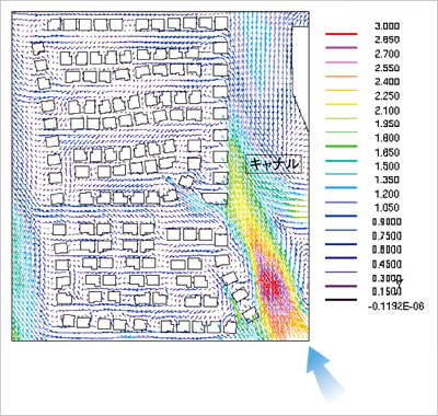 まち全体の風の流れをシミュレーション