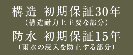 構造 初期保証30年（構造耐力上主要な部分）｜防水 初期保証15年（雨水の浸入を防止する部分）