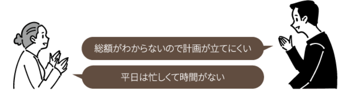 総額がわからないので計画が立てにくい　平日は忙しくて時間がない