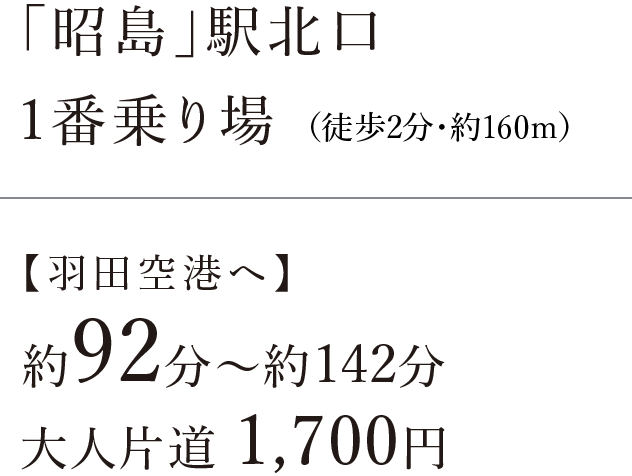 1番乗り場（徒歩2分・約160m）｜【羽田空港へ】約92分〜約142分  大人片道 1,700円