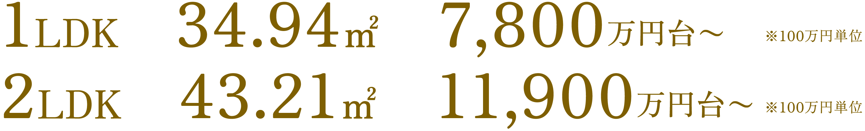 1LDK　34.94㎡　7,800万円台〜※100万円単位／2LDK　43.21㎡　11,900万円台〜※100万円単位
