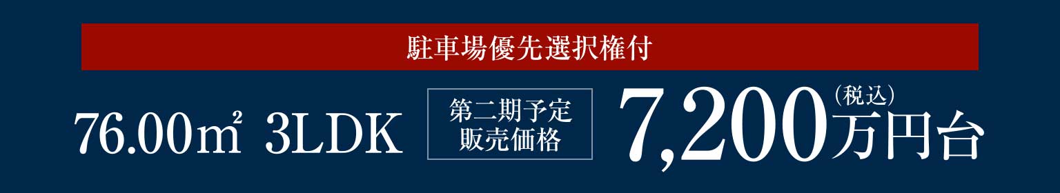 駐車場優先選択権付 76.00m2 3LDK［第二期予定販売価格］7,200万円（税込）台