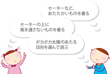 セーターなど、あたたかいものを着る セーターの上に風を通さないものを着る ポカポカ太陽のあたる日向を選んで遊ぶ