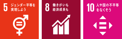 5 ジェンダー平等を実現しよう 8 働きがいも経済成長も 10 人や国の不平等をなくそう