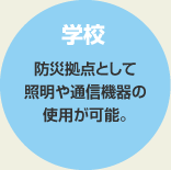 学校 防災拠点として照明や通信機器の使用が可能。