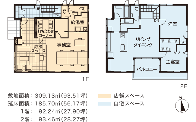 敷地面積：309.13m2（93.51坪）延床面積：185.70m2（56.17坪）1階：92.24m2（27.90坪）2階：28.27坪