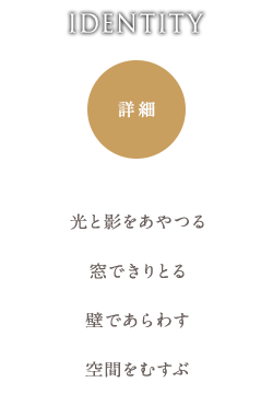 IDENTITY 詳細 光と影をあやつる 窓できりとる 壁であらわす 空間をむすぶ