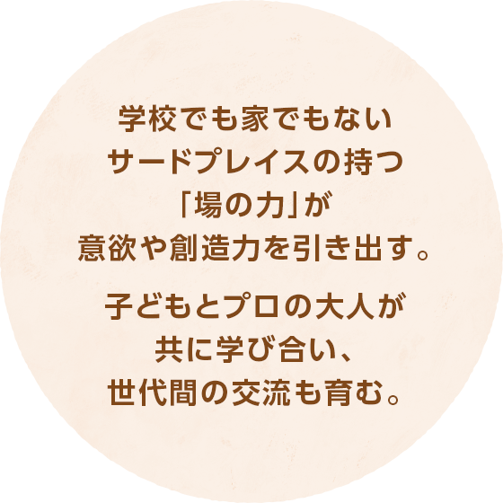 学校でも家でもないサードプレイスの持つ「場の力」が意欲や創造力を引き出す。子どもとプロの大人が共に学び合い、世代間の交流も育む。