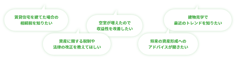 「賃貸住宅を建てた場合の相続税を知りたい」「資産に関する税制や法律の改正を教えてほしい」「空室が増えたので収益性を改善したい」「将来の資産形成へのアドバイスが聞きたい」「建物見学で最近のトレンドを知りたい」