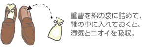 重曹を綿の袋に詰めて、靴の中に入れておくと、湿気とニオイを吸収。