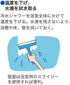 ●温度を下げ、水滴を拭き取る　冷水シャワーを浴室全体にかけて温度を下げる。水滴を残さないよう、浴槽や床、壁を拭いておく。／壁面は浴室用のスクイジーを使用すれば便利。