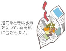 捨てるときは水気を切って、新聞紙に包むとよい。