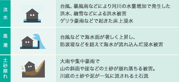 洪水：台風、暴風雨などにより河川の水量増加で発生した洪水、融雪などによる洪水被害ゲリラ豪雨などで起きた床上浸水　高潮：台風などで海水面が著しく上昇し、防波堤などを超えて海水が流れ込んだ浸水被害　土砂崩れ：大雨や集中豪雨で山の斜面や崖などの土砂が崩れ落ちる被害。川底の土砂や泥が一気に流される土石流